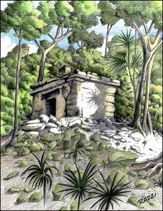 Steve Radzi illustrations of Maya structures