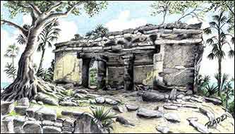 Maya Illustrations and Drawings of Ruins, Temples and Structures by Steve Radzi